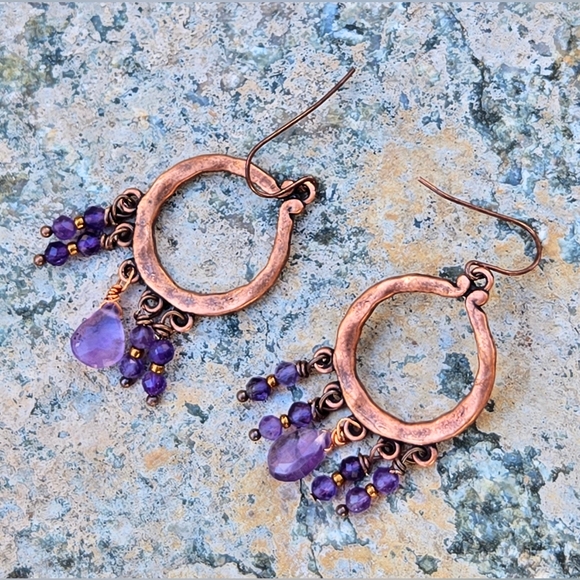 Mystical Egyptian-inspired Natural Amethyst In Antique Copper Drop Earrings - Picture 3 of 8
